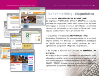 ENSEÑANZA Y APRENDIZAJE EN ENTORNOS DIGITALES [EAED]	           OBJETO   DE   A P R E N D I Z A J E : POR LA EQUIDAD Y CONTRA LA DISCRIMINACIÓN INDÍGENA   32




                                                        · benchmarking: diagnóstico
                                                        - En cuanto a RECURSOS DE LA ASIGNATURA:
                                                        La asignatura “FORMACIÓN CÍVICA Y ÉTICA” tiene recursos
                                                        digitales que no cumplen con las expectativas de los docentes
                                                        como apoyo al proceso enseñanza-aprendizaje. Los recursos
                                                        -audios- son los libros de texto integros en formato MP3. Otro
                                                        recurso son los mismos libros en formato PDF.


                                                        - En cuanto a recursos del ÁMBITO EDUCATIVO:
                                                        Por lo específico del tema del recurso a diseñar, no se encontró
                                                        alguno similar; sin embargo se identificaron estrategias
                                                        de diseño instruccional que pueden seguirse, así como
                                                        aplicaciones que pueden integrarse a la propuesta.


                                                        - En cuanto a recursos que aborden la TEMÁTICA DE
                                                        ESTUDIO:
                                                        No existe un recurso con las características de contenido como
                                                        el que planea diseñar; se encontraron aplicaciones y/o recursos
                                                        que pueden apoyar el recurso para la asignatura “FORMACIÓN
                                                        CÍVICA Y ÉTICA”. De igual manera, se identificaron recursos y
                                                        aplicaciones que pueden integrarse a la propuesta.
 