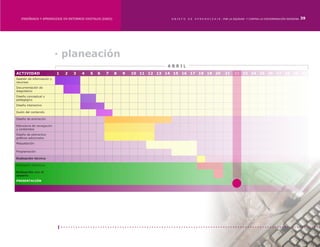 ENSEÑANZA Y APRENDIZAJE EN ENTORNOS DIGITALES [EAED]	                         OBJETO   DE   A P R E N D I Z A J E : POR LA EQUIDAD Y CONTRA LA DISCRIMINACIÓN INDÍGENA   39




                           · planeación
                                                                                ABRIL
ACTIVIDAD                  1   2   3   4   5   6   7       8   9   10 11 12 13 14 15 16 17 18 19 20                 21    22 23 24 25 26 27 28 29 30
Gestión de información y
recursos
Documentación de
diagnóstico
Diseño conceptual y
pedagógico
Diseño interactivo

Guión del contenido

Diseño de animación

Estructura de navegación
y contenidos
Diseño de elementos
gráficos adicionales
Maquetación

Programación

Evaluación técnica

Formación definitiva

Evaluación con el
usuario
PRESENTACIÓN
 