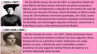 No Dia 08 de março, do ano de 1857, as operárias têxteis de
uma fábrica de Nova Iorque entraram em greve ocupando a
fábrica, para reivindicarem a redução de um horário de mais de
16 horas por dia para 10 horas. foram fechadas na fábrica onde
cerca de 130 mulheres morreram queimadas, Em 1910, numa
conferência internacional de mulheres realizada na Dinamarca,
foi decidido, em homenagem àquelas mulheres, comemorar o
8 de Março como o Dia Internacional da Mulher.
҉1910 e 1927҉
No Rio Grande do norte , em 1927, Celina Guimaraes Viana
torna-se a primeira eleitora no Brasil. No anos seguinte, Alzira
Soriano torna-se a primeira mulher eleita para um cargo
politico no país, o direito do voto é estendido a todas s
brasileiras no ano seguinte Carlota Pereira de Queiros é a
primeira deputada eleita no país.
҉1927,1928 e 1932҉
 