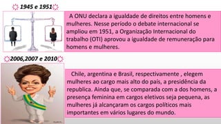 A ONU declara a igualdade de direitos entre homens e
mulheres. Nesse período o debate internacional se
ampliou em 1951, a Organização Internacional do
trabalho (OTI) aprovou a igualdade de remuneração para
homens e mulheres.
҉ 1945 e 1951҉
҉2006,2007 e 2010҉
Chile, argentina e Brasil, respectivamente , elegem
mulheres ao cargo mais alto do país, a presidência da
republica. Ainda que, se comparada com a dos homens, a
presença feminina em cargos eletivos seja pequena, as
mulheres já alcançaram os cargos políticos mais
importantes em vários lugares do mundo.
 