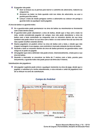 O jogador não pode:
            Usar os braços ou as pernas para barrar o caminho do adversário, rodeá-lo ou
            empurrá-lo;
            Arrancar ou bater na bola quando está nas mãos do adversário, ou usar o
            punho para lha retirar;
            Lançar a bola de modo perigoso contra o adversário ou colocar em perigo o
            guarda-redes ou qualquer outro jogador.

A área da baliza e o guarda-redes:

      Só o guarda-redes pode permanecer na área de baliza ou movimentar-se livremente
      com a bola dentro desta.
      O guarda-redes pode abandonar a área de baliza, desde que o faça sem a bola na
      mão, sendo considerado jogador de campo; mas não pode abandonar a área da
      baliza com a bola controlada ou enquanto esta se encontra dentro da sua área;
      também não pode entrar na sua área com a bola e se esta estiver fora da sua área ele
      não a pode recolher estando dentro.
      Outros jogadores só podem entrar na área de baliza sem a bola, e desde que não
      tragam vantagem à sua equipa, caso contrário é marcada violação da área da baliza.
      Quando a bola se encontra dentro da área de baliza pertence ao guarda-redes; caso
      esteja no ar pode ser jogada.
      Um jogador que está a defender não pode enviar, intencionalmente, a bola para a sua
      área de baliza.
      Quando o marcador se encontrar na linha de 7 metros com a bola, pronto para
      lançamento, o guarda-redes não pode passar da linha dos 4 metros.

Substituições dos jogadores:

      Um jogador suplente pode entrar a qualquer momento na área de jogo, desde que o
      jogador a substituir já a tenha abandonado, e esta entrada e saída de jogadores tem
      de se efetuar na zona de substituição.



                                     Campo de Andebol




                                                           Beatriz Alexandra Martins Pires, nº 6 – 10º B
                                           Curso de Línguas e Humanidades, disciplina de Educação Física
 