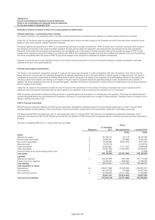 OANDO PLC
Annual Consolidated and Separate Financial Statements
Notes to the consolidated and separate financial statements
For the year ended 31 December 2018
Examples of revenue contracts to which this concept applies are stated below:
Reference
31 December
2017 Net adjustments 1 January 2018
N'000 N'000
Assets
Deferred tax assets c 46,108,713 231,779 46,340,492
Finance lease receivables b 72,539,702 (97,698) 72,442,004
Non-current receivables b 23,202,580 (6,631,553) 16,571,027
Restricted cash b 12,479,146 - 12,479,146
Trade receivables b 43,567,693 (1,171,427) 42,396,266
Other receivables b 50,231,263 (14,352,590) 35,878,673
Financial assets at fair value through profit or loss a 61,856 - 61,856
Total assets 248,190,953 (22,021,489) 226,169,464
Liabilities
Deferred tax liabilities c 222,207,944 (497,736) 221,710,208
Current income tax liabilities 72,405,657 (849,290) 71,556,367
Total liabilities 294,613,601 (1,347,026) 293,266,575
Total adjustment on equity:
Retained loss b,c (138,677,099) (10,245,238) (148,922,337)
Other reserves a 131,475,022 (17,690) 131,457,332
Non-controlling interests c 87,833,624 (10,411,535) 77,422,089
80,631,547 (20,674,463) 59,957,084
Total equity and liabilities 375,245,148 (22,021,489) 353,223,659
The effect of adopting IFRS 9 as at 1 January 2018 was, as follows:
Group
Principal versus agent considerations
The Group is into exploration, production and sale of crude oil and natural gas resources in a joint arrangement with other JO partners. From time to time the
Group enters into contracts with its customers through the JO operator designated to act as the administrator to deliver goods. In these contracts, the Group is
considered to be primarily responsible for fulfilling the promise to deliver the goods that relates to the proportion of its participating interests in the supply area.
The Group does have inventory risk relating to its interest in the joint venture’s operation before the specified product is been transferred to the customer. In
addition, the Group establishes the price for the specified goods. Therefore, the Group’s consideration in these contracts is determined to be the gross amount to
which it expects to be entitled.
Under IAS 18, based on the existence of credit risk and the nature of the consideration in the contract, the Group concluded that it has an exposure to the
significant risks and rewards associated with the sale of goods to its customers, and accounted for the contracts as if it is a principal.
IFRS 15 requires assessment of whether the Group controls a specified good or service before it is transferred to the customer. The Group has determined that it
controls the goods before they are transferred to customers, and hence, is a principal rather than an agent in these contracts. Therefore, there is no impact on the
Group’s revenue and profit or loss.
IFRS 9: Financial Instruments
IFRS 9 Financial Instruments replaces IAS 39 Financial Instruments: Recognition and Measurement for annual periods beginning on or after 1 January 2018,
bringing together all three aspects of the accounting for financial instruments: classification and measurement; impairment; and hedge accounting.
The Group applied IFRS 9 prospectively, with an initial application date of 1 January 2018. The Group has not restated the comparative information, which
continues to be reported under IAS 39. Differences arising from the adoption of IFRS 9 have been recognised directly in retained earnings and other components
of equity.
The Group applied the requirements in IFRS 15 on constraining estimates of variable consideration. IFRS 15 states that if a contract is partially within scope of
this standard and partially in the scope of another standard, an entity will first apply the separation and measurement requirements of the other standard(s).
Therefore, to the extent that provisional pricing features are considered to be in the scope of another standard, they will be outside the scope of IFRS 15 and
entities will be required to account for these in accordance with IFRS 9. Any subsequent changes that arise due to differences between initial and final estimate
will still be considered within the scope of IFRS 15 and will be subject to the constraint on estimates of variable consideration.
However, this did not result to any significant impact on the Group's revenue and profit or loss as all uncertainty relating to variable consideration had been
resolved at the end of the reporting period.
• Market based fees – provisionally priced contracts
For crude oil contracts, the transaction price is not fixed. A portion of the Group’s transaction price depends on indexes whose outcome are uncertain.
Under IAS 18, the Group does not recognize revenue immediately when control has been passed to the Customer but wait for few days when transaction price
based on some future specific indexes have been obtained.
Page 100 of 105
 