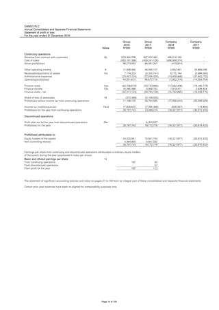 OANDO PLC
Annual Consolidated and Separate Financial Statements
Statement of profit or loss
For the year ended 31 December 2018
Group Group Company Company
2018 2017 2018 2017
Notes N'000 N'000 N'000 N'000
Continuing operations
Revenue from contract with customers 8c 679,465,339 497,422,483 488,518,160 -
Cost of sales (583,191,386) (409,341,126) (488,938,074) -
Gross profit/(loss) 96,273,953 88,081,357 (419,914) -
Other operating income 9 11,006,460 46,490,127 2,652,401 25,989,048
Reversal/(impairment) of assets 10c 7,178,323 (5,335,741) 6,775,164 (2,696,080)
Administrative expenses (70,457,124) (72,558,025) (10,939,966) (37,652,722)
Operating profit/(loss) 44,001,612 56,677,718 (1,932,315) (14,359,754)
Finance costs 12a (42,706,619) (43,743,860) (17,582,406) (19,166,179)
Finance income 12b 10,265,496 9,959,732 1,819,411 2,926,404
Finance costs - net (32,441,123) (33,784,128) (15,762,995) (16,239,775)
Share of loss of associates 18 (372,369) (2,129,005) - -
Profit/(loss) before income tax from continuing operations 11,188,120 20,764,585 (17,695,310) (30,599,529)
Income tax credit/(expense) 13(a) 17,609,623 (7,295,366) (626,567) (15,904)
Profit/(loss) for the year from continuing operations 28,797,743 13,469,219 (18,321,877) (30,615,433)
Discontinued operations
28c - 6,303,557 - -
Profit/(loss) for the year 28,797,743 19,772,776 (18,321,877) (30,615,433)
Profit/(loss) attributable to:
Equity holders of the parent 24,432,941 13,941,744 (18,321,877) (30,615,433)
Non-controlling interest 4,364,802 5,831,032 - -
28,797,743 19,772,776 (18,321,877) (30,615,433)
Earnings per share from continuing and discontinued operations attributable to ordinary equity holders
of the parent during the year (expressed in kobo per share):
Basic and diluted earnings per share 14
From continuing operations 197 62
From discontinued operations - 51
From profit for the year 197 113
Certain prior year balances have been re-aligned for comparability purposes only.
The statement of significant accounting policies and notes on pages 21 to 102 form an integral part of these consolidated and separate financial statements.
Profit after tax for the year from discontinued operations
Page 14 of 105
 