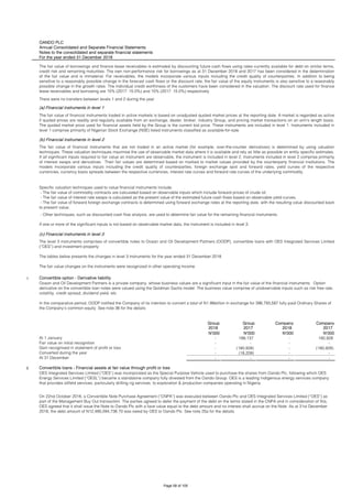 OANDO PLC
Annual Consolidated and Separate Financial Statements
Notes to the consolidated and separate financial statements
For the year ended 31 December 2018
There were no transfers between levels 1 and 2 during the year.
(a) Financial instruments in level 1
(b) Financial instruments in level 2
(c) Financial instruments in level 3
i Convertible option - Derivative liability
Group Group Company Company
2018 2017 2018 2017
N'000 N'000 N'000 N'000
At 1 January - 199,137 - 180,928
Fair value on initial recognition - - - -
Gain recognised in statement of profit or loss - (180,928) - (180,928)
Converted during the year - (18,209) - -
At 31 December - - - -
ii Convertible loans - Financial assets at fair value through profit or loss
- Other techniques, such as discounted cash flow analysis, are used to determine fair value for the remaining financial instruments.
If one or more of the significant inputs is not based on observable market data, the instrument is included in level 3.
The level 3 instruments comprises of convertible notes to Ocean and Oil Development Partners (OODP), convertible loans with OES Integrated Services Limited
(“OES”) and investment property.
The tables below presents the changes in level 3 instruments for the year ended 31 December 2018.
The fair value changes on the instruments were recognized in other operating income.
Ocean and Oil Development Partners is a private company, whose business values are a significant input in the fair value of the financial instruments. Option
derivative on the convertible loan notes were valued using the Goldman Sachs model. The business value comprise of unobservable inputs such as risk free rate,
volatility, credit spread, dividend yield, etc.
In the comparative period, OODP notified the Company of its intention to convert a total of N1.98billion in exchange for 396,793,587 fully paid Ordinary Shares of
the Company's common equity. See note 36 for the details.
OES Integrated Services Limited (“OES”) was incorporated as the Special Purpose Vehicle used to purchase the shares from Oando Plc, following which OES
Energy Services Limited (“OESL”) became a standalone company fully divested from the Oando Group. OES is a leading indigenous energy services company
that provides oilfield services, particularly drilling rig services, to exploration & production companies operating in Nigeria.
On 22nd October 2018, a Convertible Note Purchase Agreement (“CNPA”) was executed between Oando Plc and OES Integrated Services Limited (“OES”) as
part of the Management Buy Out transaction. The parties agreed to defer the payment of the debt on the terms stated in the CNPA and in consideration of this,
OES agreed that it shall issue the Note to Oando Plc with a face value equal to the debt amount and no interest shall accrue on the Note. As at 31st December
2018, the debt amount of N12,485,094,736.70 was owed by OES to Oando Plc. See note 25a for the details.
The fair value of financial instruments traded in active markets is based on unadjusted quoted market prices at the reporting date. A market is regarded as active
if quoted prices are readily and regularly available from an exchange, dealer, broker, industry Group, and pricing market transactions on an arm’s length basis.
The quoted market price used for financial assets held by the Group is the current bid price. These instruments are included in level 1. Instruments included in
level 1 comprise primarily of Nigerian Stock Exchange (NSE) listed instruments classified as available-for-sale.
The fair value of financial instruments that are not traded in an active market (for example, over-the-counter derivatives) is determined by using valuation
techniques. These valuation techniques maximise the use of observable market data where it is available and rely as little as possible on entity specific estimates.
If all significant inputs required to fair value an instrument are observable, the instrument is included in level 2. Instruments included in level 2 comprise primarily
of interest swaps and derivatives. Their fair values are determined based on marked to market values provided by the counterparty financial institutions. The
models incorporate various inputs including the credit quality of counterparties, foreign exchange spot and forward rates, yield curves of the respective
currencies, currency basis spreads between the respective currencies, interest rate curves and forward rate curves of the underlying commodity.
Specific valuation techniques used to value financial instruments include:
- The fair value of commodity contracts are calculated based on observable inputs which include forward prices of crude oil.
- The fair value of interest rate swaps is calculated as the present value of the estimated future cash flows based on observable yield curves;
- The fair value of forward foreign exchange contracts is determined using forward exchange rates at the reporting date, with the resulting value discounted back
to present value;
The fair value of borrowings and finance lease receivables is estimated by discounting future cash flows using rates currently available for debt on similar terms,
credit risk and remaining maturities. The own non-performance risk for borrowings as at 31 December 2018 and 2017 has been considered in the determination
of the fair value and is immaterial. For receivables, the models incorporate various inputs including the credit quality of counterparties. In addition to being
sensitive to a reasonably possible change in the forecast cash flows or the discount rate, the fair value of the equity instruments is also sensitive to a reasonably
possible change in the growth rates. The individual credit worthiness of the customers have been considered in the valuation. The discount rate used for finance
lease receivables and borrowing are 15% (2017: 15.0%) and 15% (2017: 15.0%) respectively.
Page 58 of 105
 