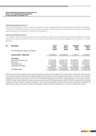 2015 ANNUAL REPORT AND ACCOUNTS
129.
Share based payment reserve (2)
The share-based payment reserve is used to recognise the value of equity-settled share-based payments provided to employees,
including key management personnel, as part of their remuneration. Refer to Note 28 for further details of these plans. Share based
payment reserve is not available for distribution to shareholders.”								
						
Currency translation reserve(3)
The translation reserve comprises all foreign currency difference arising from the translation of the financial statements of foreign
operations, as well as the effective portion of any foreign currency differences arising from hedges of a net investment in a foreign
operation.”													
	
The borrowings above include secured bank borrowings amounting to N23.4 billion (2014: N28.2 billion). Oando Plc (the borrower)
by a security trust deed (“STD”) dated 9 October 2009 and amendments in 2010 (Supplemental Security Trust Deed), 2011 (Second
Supplemental Security Trust Deed), and 2014 (Third Supplemental Security Trust Deed), created Security over its assets in favour
of FBN Trustees Limited (Security Trustee and formerly known as First Trustees Nigeria Limited). The STD creates fixed and floating
charges over plant, machinery, vehicles, computers, office and other equipment, all book and other debts, accounts receivables, all
stock, shares, bonds, notes or loan capital, all copyrights, patents, licences, trademarks, etc., for and on behalf of the Lender.		
												
 