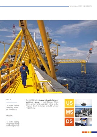 2015 ANNUAL REPORT AND ACCOUNTS
3.
Oando PLC is the largest integrated energy
solutions group in sub-Saharan Africa
with a primary and secondary listing on the
Nigerian Stock Exchange and JSE Limited
respectively.
To be the premier
company driven
by excellence.
To be the leading
Integrated energy
solutions provider
VISION
MISSION
US
MS
DS
Midstream
Downstream
Upstream
 