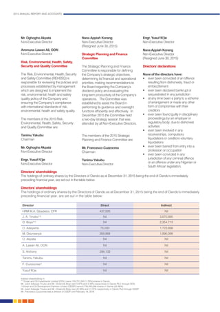 2015 ANNUAL REPORT AND ACCOUNTS
38.
Mr. Oghogho Akpata
Non-Executive Director
Ammuna Lawan Ali, OON
Non-Executive Director
Risk, Environmental, Health, Safety,
Security and Quality Committee
The Risk, Environmental, Health, Security
and Safety Committee (REHSSQ) is
responsible for reviewing the policies and
processes established by management
which are designed to implement the
risk, environmental, health and safety
quality policy of the Company and
ensuring the Company’s compliance
with international standards of risk,
environmental, health and safety quality.
The members of the 2015 Risk,
Environmental, Health, Safety, Security
and Quality Committee are:
Tanimu Yakubu
Chairman
Mr. Oghogho Akpata
Non-Executive Director
Engr. Yusuf N’jie
Non-Executive Director
Nana Appiah Korang
Non-Executive Director
(Resigned June 30, 2015)
Strategic Planning and Finance
Committee
The Strategic Planning and Finance
Committee is responsible for defining
the Company’s strategic objectives,
determining its financial and operational
priorities, making recommendations to
the Board regarding the Company’s
dividend policy and evaluating the
long-term productivity of the Company’s
operations. The Committee was
established to assist the Board in
performing its guidance and oversight
functions efficiently and effectively. In
December 2015 the Committee held
a two-day strategy session that was
attended by all Non-Executive Directors.
The members of the 2015 Strategic
Planning and Finance Committee are:
Mr. Francesco Cuzzocrea
Chairman
Tanimu Yakubu
Non-Executive Director
Engr. Yusuf N’jie
Non-Executive Director
Nana Appiah Korang
Non-Executive Director
(Resigned June 30, 2015)
Directors’declarations
None of the directors have:
•	 ever been convicted of an offence
resulting from dishonesty, fraud or
embezzlement
•	 ever been declared bankrupt or
sequestrated in any jurisdiction
•	 at any time been a party to a scheme
of arrangement or made any other
form of compromise with their
creditors
•	 ever been found guilty in disciplinary
proceedings by an employer or
regulatory body, due to dishonest
activities
•	 ever been involved in any
receiverships, compulsory
liquidations or creditors voluntary
liquidations
•	 ever been barred from entry into a
profession or occupation
•	 ever been convicted in any
jurisdiction of any criminal offence
or an offence under any Nigerian or
South African legislation.
Directors’shareholdings
The holdings of ordinary shares by the Directors of Oando as at December 31, 2015 being the end of Oando’s immediately
preceding financial year, are set out in the table below:
Directors’shareholdings
The holdings of ordinary shares by the Directors of Oando as at December 31, 2015 being the end of Oando’s immediately
preceding financial year, are set out in the table below:
Director Direct Indirect
HRM M.A. Gbadebo, CFR 437,500 Nil
J. A. Tinubu*^ Nil 3,670,995
O. Boyo*^ Nil 2,354,713
O. Adeyemo 75,000 1,723,898
M. Osunsanya 269,988 1,890,398
O. Akpata Nil Nil
A. Lawan Ali, OON Nil Nil
S. Anthony 299,133 Nil
Tanimu Yakubu Nil Nil
F. Cuzzocrea^ Nil Nil
Yusuf N’jie Nil Nil
Indirect shareholding in:
** Ocean and Oil Investments Limited (OOIL) owns 159,701,243 (1.76%) shares in Oando
Mr. Jubril Adewale Tinubu and Mr. Omamofe Boyo own 0.97% and 0.38% respectively in Oando PLC through OOIL
^Ocean and Oil Development Partners Limited (OODP) owns 6,734,943,086 shares in Oando (55.96%)
Mr. Jubril Adewale Tinubu and Mr. Omamofe Boyo own 20.99% and 12.75% respectively in Oando PLC through OODP
Mr. Francesco Cuzzocrea was a director of OODP until February 19, 2016
 