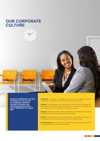 2015 ANNUAL REPORT AND ACCOUNTS
5.
OUR CORPORATE
CULTURE
OANDO’S CORPORATE CULTURE
IS HINGED ON THE VALUES
OF TEAMWORK, RESPECT,
INTEGRITY,PASSION, AND
PROFESSIONALISM (TRIPP),
WHICH EMBODIES THE OANDO
WAY
Teamwork: Everyday, our people are driven to work together towards
actualising the organisation’s common goals and core values.
Respect: We encourage that consideration is shown to all colleagues. By
appreciating the worth of others and valuing their contributions, productivity
is improved, and a work friendly environment is created.
Integrity: Reliability, honesty, and trustworthiness are integral to all business
dealings and employees’ interpersonal relationships.
Passion: At Oando, we perform our tasks with enthusiasm and vigor, with
an underlying zeal to always perform at an extraordinary level.
Professionalism: Proper conduct by all employees is a critical component
for our achievement of business excellence
 