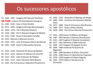 Os sucessores apostólicos
37. 1590 - 1591 - Gregório XIV (Niccolo Sfondrati)
38.1590 - Urbano VII (Giambattista Castagna)
39. 1585 - 1590 - Sisto V (Felici Peretti)
40. 1572 - 1585 - Gregório XIII (Ugo Boncompagni)
41. 1566 – 1572 - Pio V (Michele Ghislieri)
42. 1559 - 1565 - Pio IV (Giovanni Angelo de Medici)
43. 1555 - 1559 - Paulo IV (Gianpetro Caraffa)
44. 1555 - Marcelo II (Marcelo Cervini)
45. 1550 - 1555 - Júlio III (Giovanni Maria del Monte)
46. 1534 - 1549 - Paulo III (Alessandro Farnese)
47. 1523 - 1534 - Clemente VII (Giulio de Medici)
48. 1522 - 1523 - Adriano VI (Adriano de Utrecht)
49. 1513 - 1521 - Leão X (Giovani de Medici)
50. 1503 - 1513 - Júlio II (Giuliano della Rovere)
51. 1503 - Pio III (Francesco Todeschini-Piccolomini)
52. 1492 - 1503 - Alexandre VI (Rodrigo de Bórgia
53. 1484 - 1492 - Inocêncio VIII (Giovanni Battista
Cibo)
54. 1471 - 1484 - Sisto IV (Francesco della Rovere)
55. 1464 - 1471 - Paulo II (Pietro Barbo)
56. 1458 - 1464 - Pio II (Enea Silvio de Piccolomini)
57. 1455 - 1458 Calisto III (Alfonso de Bórgia)
58. 1447 - 1455 Nicolau V (Tomaso Parentucelli)
59. 1431 - 1447 Eugênio IV (Gabriel Condulmer)
60. 1417 - 1431 Martinho V (Odo Colonna)
61. 1406 - 1417 Gregório XII (Angelo Correr)
62. 1404 - 1406 Inocêncio VII (Cosma de
Migliorati)
63. 1389 - 1404 Bonifácio IX (Pietro Tomacelli)
64. 1378 - 1389 Urbano VI (Bartolomeo Prignano)
65. 1370 - 1378 Gregório XI (Pedro Rogerii)
66. 1362 - 1370 Urbano V (Guillaume de
Grimoard)
 