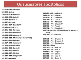 Os sucessores apostólicos
128.904 - 911 - Sérgio III
129.903 - Leão V
130.900 - 903 - Bento IV
131.898 - 900 - João IX
132.897 - Teodoro II
133.897 - Romano
134.896 - 897 - Estevão VII
135.896 - Bonifácio VI
136.891 - 896 - Formoso
137.885 - 891 - Estevão VI
138.884 - 885 - Adriano III
139.882 - 884 - Marino I (ou Martinho II)
140.872 - 882 - João VIII
141.867 - 872 - Adriano II
142.858 - 867 - Nicolau I
143.855 - 858 - Bento III
144.847 - 855 - Leão IV
145.844 - 847 - Sérgio II
146.827 - 844 - Gregório IV
147.827 - Valentim
148.824 - 827 - Eugênio II
149.817 – 824 - Pascoal I
150.816 – 817 - Estevão V
151.795 – 816 - Leão III
152.772 – 795 - Adriano I
153.768 – 772 - Estevão IV
154.757 – 767 - Paulo I
155.752 – 757 - Estevão III
156.752 - Estevão [II] (pontificado de apenas 4
dias)
157.741 – 752 – Zacarias
158.731 – 741 - Gregório III
159.715 – 731 - Gregório II
160.708 – 715 - Constantino
161.708 - Sisínio
162.705 – 707 - João VII
163.701 – 705 - João VI
164.687 – 701 - Sérgio I
165.686 – 687 - Cônon
166.685 – 686 - João V
167.683 – 685 - Bento II
 