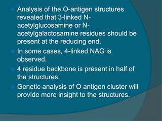  Analysis of the O-antigen structures
revealed that 3-linked N-
acetylglucosamine or N-
acetylgalactosamine residues should be
present at the reducing end.
 In some cases, 4-linked NAG is
observed.
 4 residue backbone is present in half of
the structures.
 Genetic analysis of O antigen cluster will
provide more insight to the structures.
 