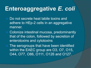 Enteroaggregative E. coli
 Do not secrete heat labile toxins and
adhere to HEp-2 cells in an aggregative
manner.
 Colonize intestinal mucosa, predominantly
that of the colon, followed by secretion of
enterotoxins and cytotoxins
 The serogroups that have been identified
within the EAEC group are O3, O7, O15,
O44, O77, O86, O111, O126 and O127.
 