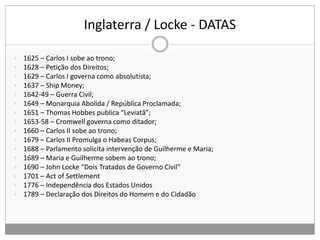 Inglaterra / Locke - DATAS
 1625 – Carlos I sobe ao trono;
 1628 – Petição dos Direitos;
 1629 – Carlos I governa como absolutista;
 1637 – Ship Money;
 1642-49 – Guerra Civil;
 1649 – Monarquia Abolida / República Proclamada;
 1651 – Thomas Hobbes publica “Leviatã”;
 1653-58 – Cromwell governa como ditador;
 1660 – Carlos II sobe ao trono;
 1679 – Carlos II Promulga o Habeas Corpus;
 1688 – Parlamento solicita intervenção de Guilherme e Maria;
 1689 – Maria e Guilherme sobem ao trono;
 1690 – John Locke “Dois Tratados de Governo Civil”
 1701 – Act of Settlement
 1776 – Independência dos Estados Unidos
 1789 – Declaração dos Direitos do Homem e do Cidadão
 