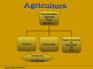 Prof. Sílvia Mendonça Agricultura Tradicionais e Rudimentares Produtividade Agrícola Fraca ( devido a…) Técnicas Instrumentos Regime Senhorial de Exploração  da Terra 