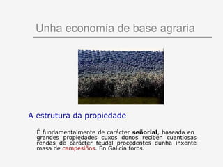 Unha economía de base agraria




A estrutura da propiedade

  É fundamentalmente de carácter señorial, baseada en
  grandes propiedades cuxos donos reciben cuantiosas
  rendas de carácter feudal procedentes dunha inxente
  masa de campesiños. En Galicia foros.
 