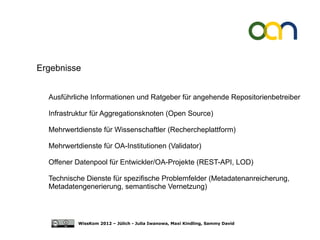 Ergebnisse


  Ausführliche Informationen und Ratgeber für angehende Repositorienbetreiber

  Infrastruktur für Aggregationsknoten (Open Source)

  Mehrwertdienste für Wissenschaftler (Rechercheplattform)

  Mehrwertdienste für OA-Institutionen (Validator)

  Offener Datenpool für Entwickler/OA-Projekte (REST-API, LOD)

  Technische Dienste für spezifische Problemfelder (Metadatenanreicherung,
  Metadatengenerierung, semantische Vernetzung)



           WissKom 2012 – Jülich - Julia Iwanowa, Maxi Kindling, Sammy David
 