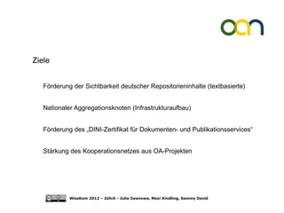 Ziele


   Förderung der Sichtbarkeit deutscher Repositorieninhalte (textbasierte)


   Nationaler Aggregationsknoten (Infrastrukturaufbau)


   Förderung des „DINI-Zertifikat für Dokumenten- und Publikationsservices“


   Stärkung des Kooperationsnetzes aus OA-Projekten




            WissKom 2012 – Jülich - Julia Iwanowa, Maxi Kindling, Sammy David
 