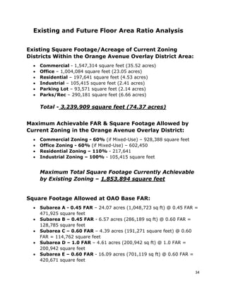 34
Existing and Future Floor Area Ratio Analysis
Existing Square Footage/Acreage of Current Zoning
Districts Within the Orange Avenue Overlay District Area:
• Commercial - 1,547,314 square feet (35.52 acres)
• Office – 1,004,084 square feet (23.05 acres)
• Residential – 197,641 square feet (4.53 acres)
• Industrial – 105,415 square feet (2.41 acres)
• Parking Lot – 93,571 square feet (2.14 acres)
• Parks/Rec – 290,181 square feet (6.66 acres)
Total - 3,239,909 square feet (74.37 acres)
Maximum Achievable FAR & Square Footage Allowed by
Current Zoning in the Orange Avenue Overlay District:
• Commercial Zoning - 60% (if Mixed-Use) – 928,388 square feet
• Office Zoning - 60% (if Mixed-Use) – 602,450
• Residential Zoning – 110% - 217,641
• Industrial Zoning – 100% - 105,415 square feet
Maximum Total Square Footage Currently Achievable
by Existing Zoning – 1,853,894 square feet
Square Footage Allowed at OAO Base FAR:
• Subarea A - 0.45 FAR – 24.07 acres (1,048,723 sq ft) @ 0.45 FAR =
471,925 square feet
• Subarea B – 0.45 FAR - 6.57 acres (286,189 sq ft) @ 0.60 FAR =
128,785 square feet
• Subarea C – 0.60 FAR – 4.39 acres (191,271 square feet) @ 0.60
FAR = 114,762 square feet
• Subarea D – 1.0 FAR – 4.61 acres (200,942 sq ft) @ 1.0 FAR =
200,942 square feet
• Subarea E – 0.60 FAR - 16.09 acres (701,119 sq ft) @ 0.60 FAR =
420,671 square feet
 