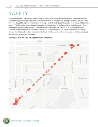 ORANGE AVENUE MOBILITY ASSESSMENT PHASE 14
CITY OF WINTER PARK, FLORIDA
SAFETY
In the last five years, nearly 500 crashes have occurred along Orange Avenue or at it’s major intersections.
Crashes are predominately “rear-end” collisions that result in only property damage. However, between July
2014 and July 2019, eight of nine crashes involving a pedestrian or bicyclist resulted in an injury. Additionally,
nearly 27% of crashes were noted as “sideswipe same direction,” or “collision with a parked vehicle.” The
map below highlights over 120 injury crashes that occurred along the corridor or at study intersections.
Concentrations are highest at Fairbanks Avenue and Orlando Avenue. The future alternatives for Orange
Avenue should consider safety enhancements for all corridor users, such as enhanced pedestrian crossings
and access management strategies.
FIGURE 2: JULY 2014 TO JULY 2019 INJURY CRASHES
 