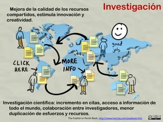 Mejora de la calidad de los recursos                    Investigación
 compartidos, estimula innovación y
 creatividad.




Investigación científica: incremento en citas, acceso a información de
   todo el mundo, colaboración entre investigadores, menor
   duplicación de esfuerzos y recursos.
                             The Publish or Perish Book, http://www.harzing.com/popbook.htm
 