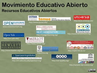 Movimiento Educativo Abierto
Recursos Educativos Abiertos

                                                                                           http://ocw.universia.net/
                                http://www.temoa.info/

 www.ocwconsortium.org


                                                                                http://www.oercommons.org/
                                         http://nextgenlearning.org/
  http://oyc.yale.edu/

                             http://www.merlot.org/


http://www.hewlett.org/oer                                                       http://nptel.iitm.ac.in/
                                          http://cnx.org



            http://oli.web.cmu.edu/openlearning/            http://oer-quality.org/

                                                                                      http://oerwiki.iiep-unesco.org/
 