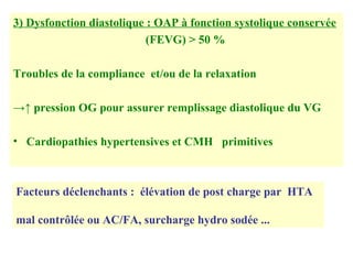 3) Dysfonction diastolique : OAP à fonction systolique conservée
(FEVG) > 50 %
Troubles de la compliance et/ou de la relaxation
→↑ pression OG pour assurer remplissage diastolique du VG
• Cardiopathies hypertensives et CMH primitives
Facteurs déclenchants : élévation de post charge par HTA
mal contrôlée ou AC/FA, surcharge hydro sodée ...
 