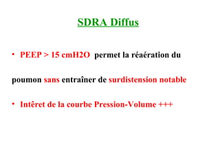 SDRA Diffus
• PEEP > 15 cmH2O permet la réaération du
poumon sans entraîner de surdistension notable
• Intêret de la courbe Pression-Volume +++
 