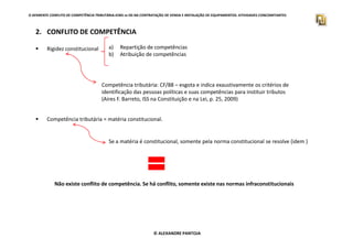 2. CONFLITO DE COMPETÊNCIA
Rigidez constitucional
Competência tributária = matéria constitucional.
O APARENTE CONFLITO DE COMPETÊNCIA TRIBUTÁRIA.ICMS vs ISS NA CONTRATAÇÃO DE VENDA E INSTALAÇÃO DE EQUIPAMENTOS. ATIVIDADES CONCOMITANTES
a) Repartição de competências
b) Atribuição de competências
Competência tributária: CF/88 – esgota e indica exaustivamente os critérios de
identificação das pessoas políticas e suas competências para instituir tributos
(Aires F. Barreto, ISS na Constituição e na Lei, p. 25, 2009)
© ALEXANDRE PANTOJA
Se a matéria é constitucional, somente pela norma constitucional se resolve (idem )
Não existe conflito de competência. Se há conflito, somente existe nas normas infraconstitucionais
 