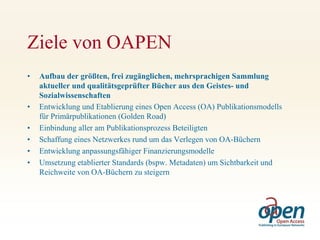 Ziele von OAPEN
•   Aufbau der größten, frei zugänglichen, mehrsprachigen Sammlung
    aktueller und qualitätsgeprüfter Bücher aus den Geistes- und
    Sozialwissenschaften
•   Entwicklung und Etablierung eines Open Access (OA) Publikationsmodells
    für Primärpublikationen (Golden Road)
•   Einbindung aller am Publikationsprozess Beteiligten
•   Schaffung eines Netzwerkes rund um das Verlegen von OA-Büchern
•   Entwicklung anpassungsfähiger Finanzierungsmodelle
•   Umsetzung etablierter Standards (bspw. Metadaten) um Sichtbarkeit und
    Reichweite von OA-Büchern zu steigern
 