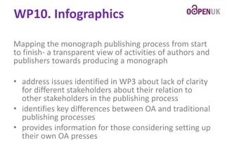 WP10. Infographics
Mapping the monograph publishing process from start
to finish- a transparent view of activities of authors and
publishers towards producing a monograph
• address issues identified in WP3 about lack of clarity
for different stakeholders about their relation to
other stakeholders in the publishing process
• identifies key differences between OA and traditional
publishing processes
• provides information for those considering setting up
their own OA presses

 
