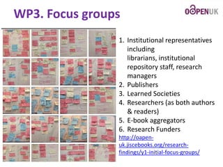 WP3. Focus groups
1. Institutional representatives
including
librarians, institutional
repository staff, research
managers
2. Publishers
3. Learned Societies
4. Researchers (as both authors
& readers)
5. E-book aggregators
6. Research Funders
http://oapenuk.jiscebooks.org/researchfindings/y1-initial-focus-groups/

 