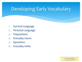 1. Survival Language
2. Personal Language
3. Prepositions
4. Everyday nouns
5. Questions
6. Everyday verbs
Developing Early Vocabulary
 