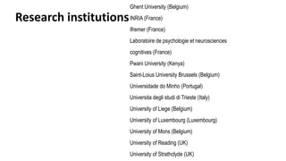 Research institutions
Ghent University (Belgium)
INRIA (France)
Ifremer (France)
Laboratoire de psychologie et neurosciences
cognitives (France)
Pwani University (Kenya)
Saint-Loius University Brussels (Belgium)
Universidade do Minho (Portugal)
Universita degli studi di Trieste (Italy)
University of Liege (Belgium)
University of Luxembourg (Luxembourg)
University of Mons (Belgium)
University of Reading (UK)
University of Strathclyde (UK)
 