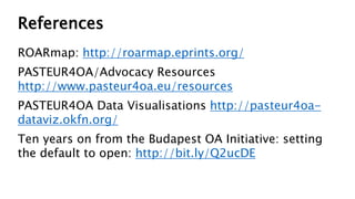 References
ROARmap: http://roarmap.eprints.org/
PASTEUR4OA/Advocacy Resources
http://www.pasteur4oa.eu/resources
PASTEUR4OA Data Visualisations http://pasteur4oa-
dataviz.okfn.org/
Ten years on from the Budapest OA Initiative: setting
the default to open: http://bit.ly/Q2ucDE
 
