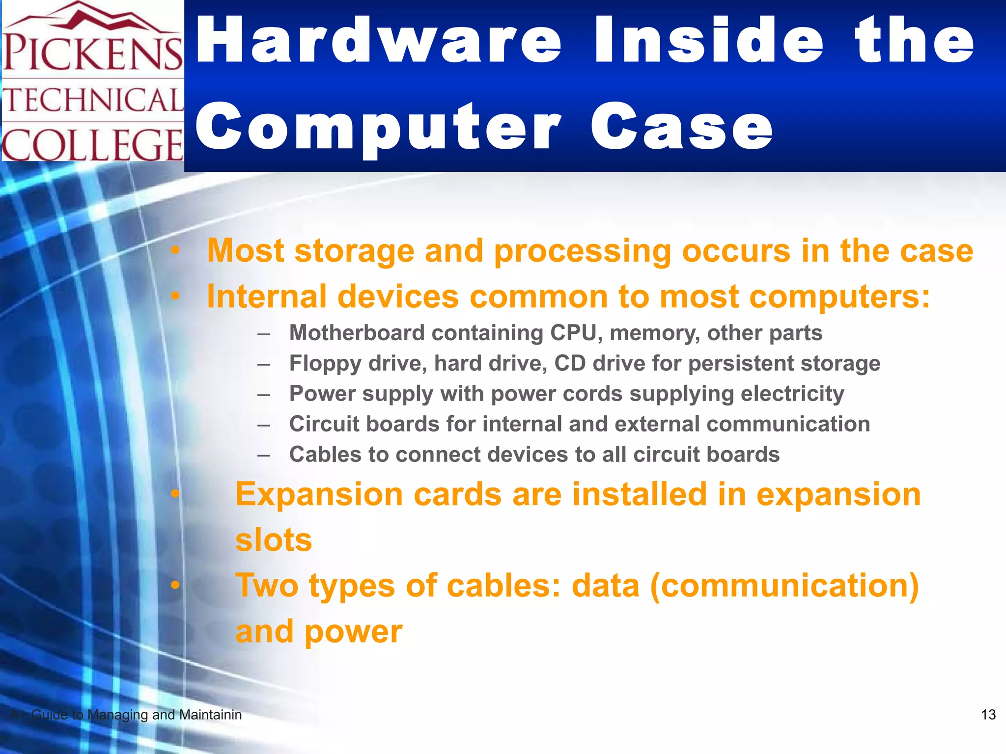 Hardware Inside the Computer Case Most storage and processing occurs in the case Internal devices common to most computers: Motherboard containing CPU, memory, other parts  Floppy drive, hard drive, CD drive for persistent storage Power supply with power cords supplying electricity Circuit boards for internal and external communication Cables to connect devices to all circuit boards  Expansion cards are installed in expansion slots Two types of cables: data (communication) and power 