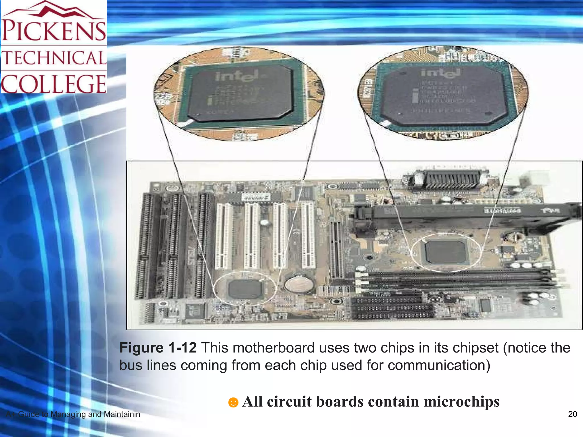 Figure 1-12  This motherboard uses two chips in its chipset (notice the bus lines coming from each chip used for communication) ☻ All circuit boards contain microchips 