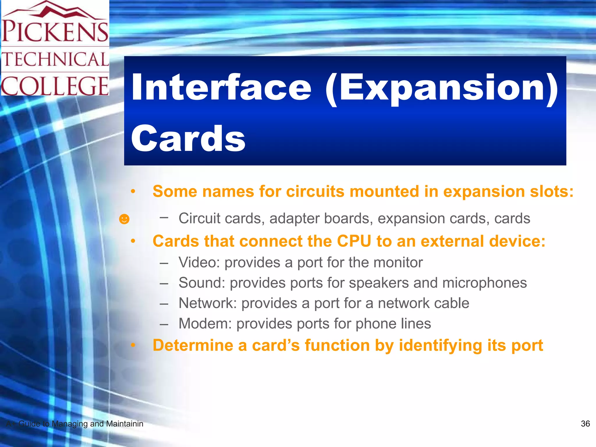 Interface (Expansion) Cards Some names for circuits mounted in expansion slots: Circuit cards, adapter boards, expansion cards, cards   Cards that connect the CPU to an external device: Video: provides a port for the monitor Sound: provides ports for speakers and microphones Network: provides a port for a network cable Modem: provides ports for phone lines Determine a card’s function by identifying its port   ☻ 