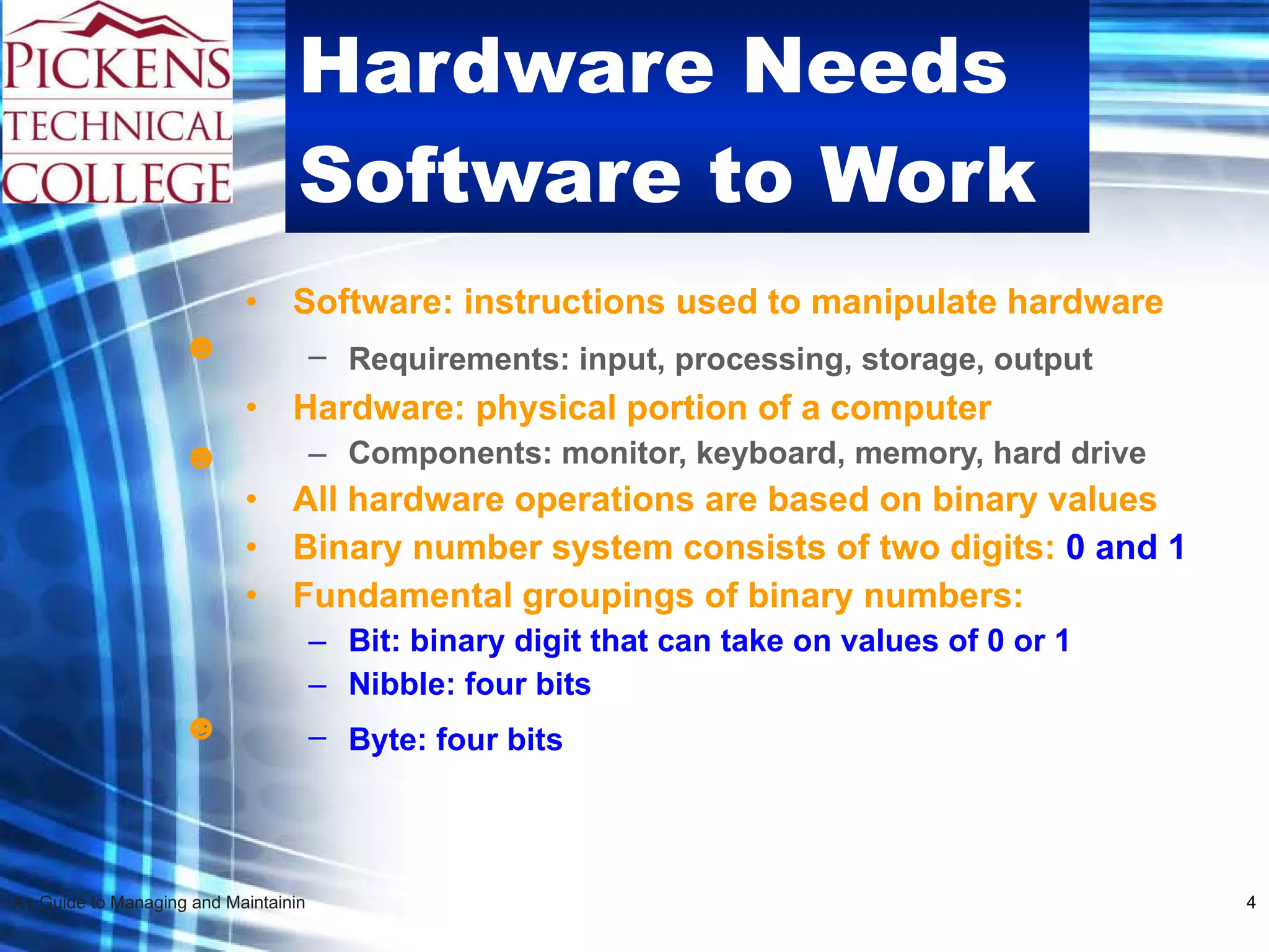 Hardware Needs Software to Work Software: instructions used to manipulate hardware Requirements: input, processing, storage, output   Hardware: physical portion of a computer Components: monitor, keyboard, memory, hard drive All hardware operations are based on binary values Binary number system consists of two digits:  0 and 1 Fundamental groupings of binary numbers: Bit: binary digit that can take on values of 0 or 1 Nibble: four bits Byte: four bits   ☻ ☻ ☻ 