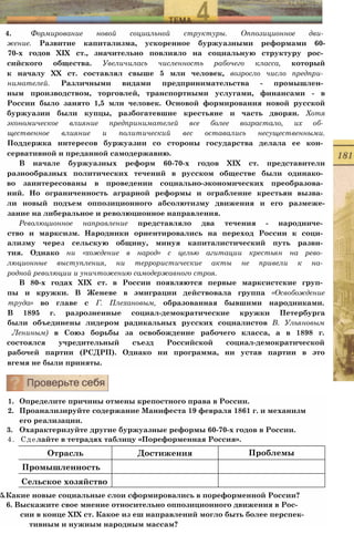 4. Формирование новой социальной структуры. Оппозиционное дви­
жение. Развитие капитализма, ускоренное буржуазными реформами 60-
70-х годов XIX ст., значительно повлияло на социальную структуру рос­
сийского общества. Увеличилась численность рабочего класса, который
к началу XX ст. составлял свыше 5 млн человек, возросло число предпри­
нимателей. Различными видами предпринимательства - промышлен­
ным производством, торговлей, транспортными услугами, финансами - в
России было занято 1,5 млн человек. Основой формирования новой русской
буржуазии были купцы, разбогатевшие крестьяне и часть дворян. Хотя
экономическое влияние предпринимателей все более возрастало, их об­
щественное влияние и политический вес оставались несущественными.
Поддержка интересов буржуазии со стороны государства делала ее кон­
сервативной и преданной самодержавию.
В начале буржуазных реформ 60-70-х годов XIX ст. представители
разнообразных политических течений в русском обществе были одинако­
во заинтересованы в проведении социально-экономических преобразова­
ний. Но ограниченность аграрной реформы и ограбление крестьян вызва­
ли новый подъем оппозиционного абсолютизму движения и его размеже-
зание на либеральное и революционное направления.
Революционное направление представляло два течения - народниче­
ство и марксизм. Народники ориентировались на переход России к соци­
ализму через сельскую общину, минуя капиталистический путь разви­
тия. Однако ни «хождение в народ» с целью агитации крестьян на рево­
люционные выступления, ни террористические акты не привели к на­
родной революции и уничтожению самодержавного строя.
В 80-х годах XIX ст. в России появляются первые марксистские груп­
пы и кружки. В Женеве в эмиграции действовала группа «Освобождение
труда» во главе с Г. Плехановым, образованная бывшими народниками.
В 1895 г. разрозненные социал-демократические кружки Петербурга
были объединены лидером радикальных русских социалистов В. Ульяновым
Лениным) в Союз борьбы за освобождение рабочего класса, а в 1898 г.
состоялся учредительный съезд Российской социал-демократической
рабочей партии (РСДРП). Однако ни программа, ни устав партии в это
вгемя не были приняты.
1. Определите причины отмены крепостного права в России.
2. Проанализируйте содержание Манифеста 19 февраля 1861 г. и механизм
его реализации.
3. Охарактеризуйте другие буржуазные реформы 60-70-х годов в России.
4. Сделайте в тетрадях таблицу «Пореформенная Россия».
5.Какие новые социальные слои сформировались в пореформенной России?
6. Выскажите свое мнение относительно оппозиционного движения в Рос-
сии в конце XIX ст. Какое из еш направлений могло быть более перспек-
тивным и нужным народным массам?
Отрасль Достижения Проблемы
Промышленность
Сельское хозяйство
 