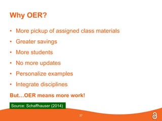 Why OER?
• More pickup of assigned class materials
• Greater savings
• More students
• No more updates
• Personalize examples
• Integrate disciplines
But…OER means more work!
27
Source: Schaffhauser (2014)
 
