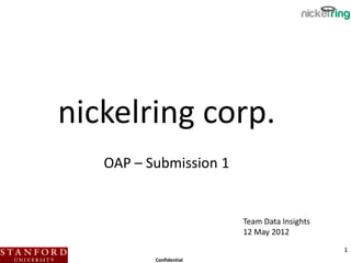 nickelring corp.
   OAP – Submission 1


                         Team Data Insights
                         12 May 2012
                                              1
          Confidential
 