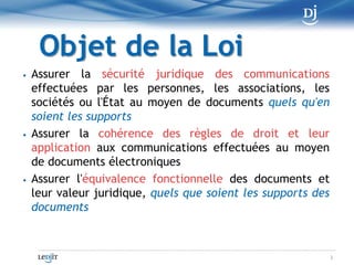 Objet de la LoiAssurer la sécurité juridique des communications effectuées par les personnes, les associations, les sociétés ou l'État au moyen de documents quels qu'en soient les supports