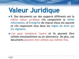 Neutralité technologique==Art. 5	Le document dont l'intégrité est assurée 		a la même valeur juridique, qu’il soit sur 		support papier ou sur un autre support.5