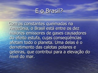 E o Brasil? Com as constantes queimadas na Amazônia, o Brasil está entre os dez maiores emissores de gases causadores do efeito estufa, cujas conseqüências afetam todo o planeta. Uma delas é o derretimento das calotas polares e geleiras, que contribui para a elevação do nível do mar.  