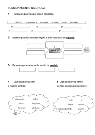 FUNCIONAMENTO DA LÍNGUA

1-     Coloca as palavras por ordem alfabética:


         peixinho      companheiros       escamas   aquário      azuis     vermelho

     1º __________________         2º ____________________      3º ___________________

4º __________________        5º ______________________        6º ________________


2- Escreve palavras que pertençam à área vocabular de aquário:



                                                    aquário




3- Escreve agora palavras da família de aquário:




4-     Liga as palavras com                              5- Liga as palavras com o
o mesmo sentido:                                         sentido contrário (antónimos):




         afugentaram           pedras
                                                                         triste          só
             seixos           impediam
                                                                         largas       estreitas
            barravam          afastaram
                                                                acompanhado           contente
 