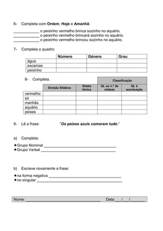 6-   Completa com Ontem, Hoje e Amanhã:
____________ o peixinho vermelho brinca sozinho no aquário.
____________ o peixinho vermelho brincará sozinho no aquário.
____________ o peixinho vermelho brincou sozinho no aquário.

7-   Completa o quadro:
                          Número         Género                 Grau
        água
        escamas
        peixinho

       8-   Completa.                                   Classificação
                                      Sílaba    Qt. ao n.º de         Qt. à
                   Divisão Silábica
                                      tónica      sílabas          acentuação
       vermelho
       só
       manhãs
       aquário
       peixes


9-   Lê a frase:           “Os peixes azuis comeram tudo.”


a)   Completa:
Grupo Nominal __________________________________
Grupo Verbal ___________________________________



b)   Escreve novamente a frase:
na forma negativa __________________________________
no singular ________________________________________




Nome: ___________________________________          Data:___/___/_______
 
