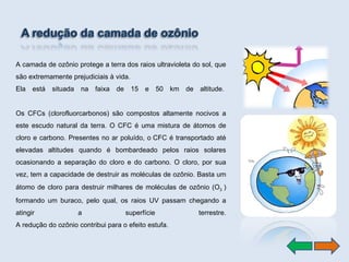 A camada de ozônio protege a terra dos raios ultravioleta do sol, que são extremamente prejudiciais à vida.  Ela está situada na faixa de 15 e 50 km de altitude.  Os CFCs (clorofluorcarbonos) são compostos altamente nocivos a este escudo natural da terra. O CFC é uma mistura de átomos de cloro e carbono. Presentes no ar poluído, o CFC é transportado até elevadas altitudes quando é bombardeado pelos raios solares ocasionando a separação do cloro e do carbono. O cloro, por sua vez, tem a capacidade de destruir as moléculas de ozônio. Basta um átomo de cloro para destruir milhares de moléculas de ozônio (O 3  ) formando um buraco, pelo qual, os raios UV passam chegando a atingir a superfície terrestre. A redução do ozônio contribui para o efeito estufa.  