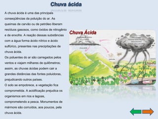 A chuva ácida é uma das principais conseqüências da poluição do ar. As queimas de carvão ou de petróleo liberam resíduos gasosos, como óxidos de nitrogênio e de enxofre. A reação dessas substâncias com a água forma ácido nítrico e ácido sulfúrico, presentes nas precipitações de chuva ácida.  Os poluentes do ar são carregados pelos ventos e viajam milhares de quilômetros; assim, as chuvas ácidas podem cair a grandes distâncias das fontes poluidoras, prejudicando outros países.  O solo se empobrece, a vegetação fica comprometida. A acidificação prejudica os organismos em rios e lagoas, comprometendo a pesca. Monumentos de mármore são corruídos, aos poucos, pela chuva ácida.  
