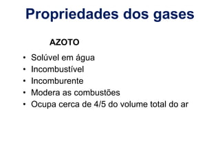 Propriedades dos gases AZOTO Solúvel em água Incombustível Incomburente Modera as combustões Ocupa cerca de 4/5 do volume total do ar 