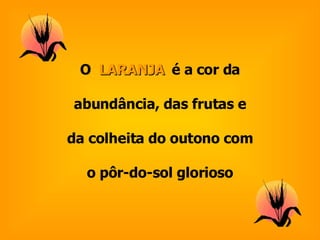 O  LARANJA  é a cor da abundância, das frutas e da colheita do outono com o pôr-do-sol glorioso 